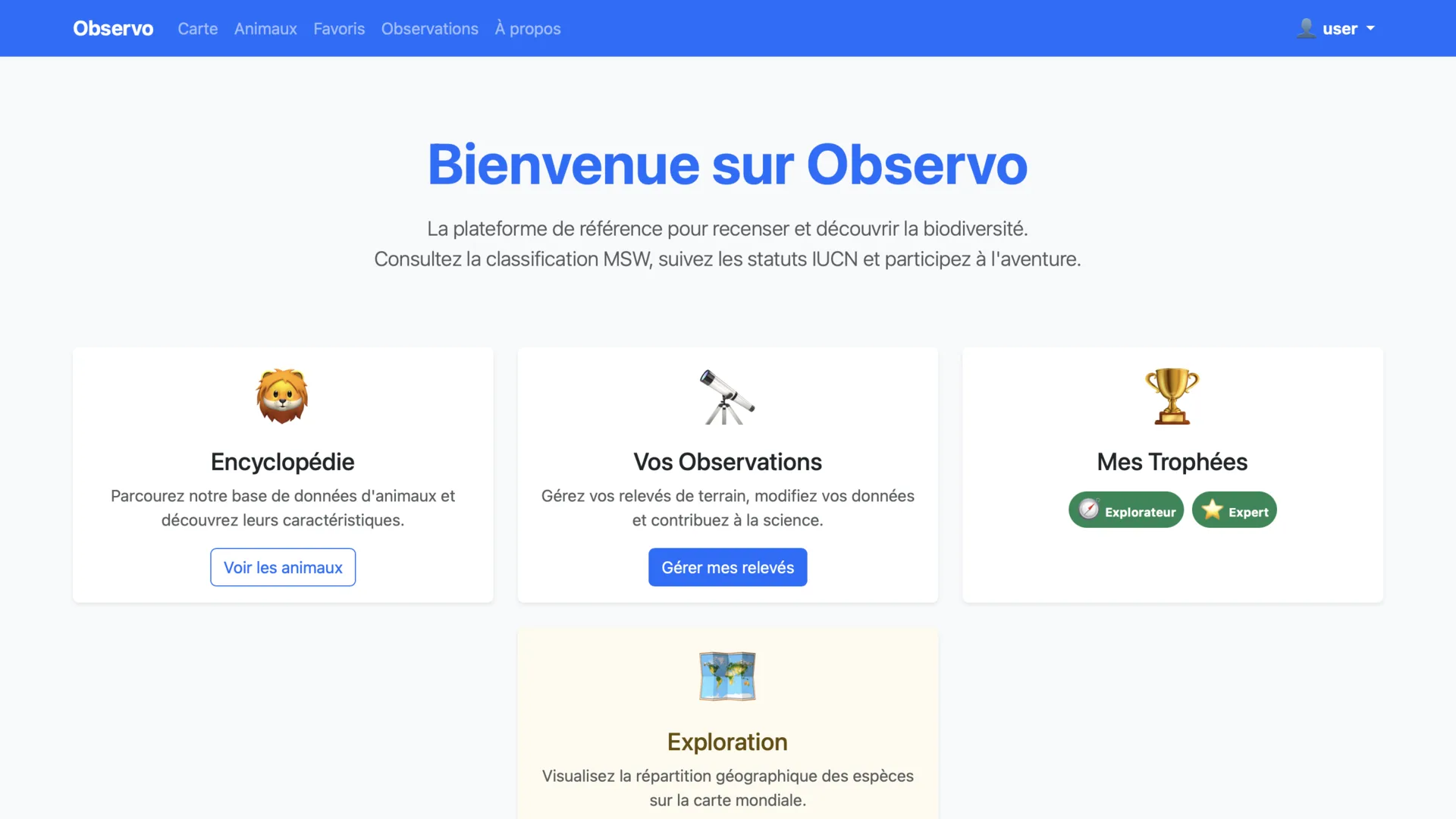 Accueil d’Observo : « Bienvenue sur Observo » en bleu, au-dessus des entrées Encyclopédie, Vos Observations et Mes Trophées.