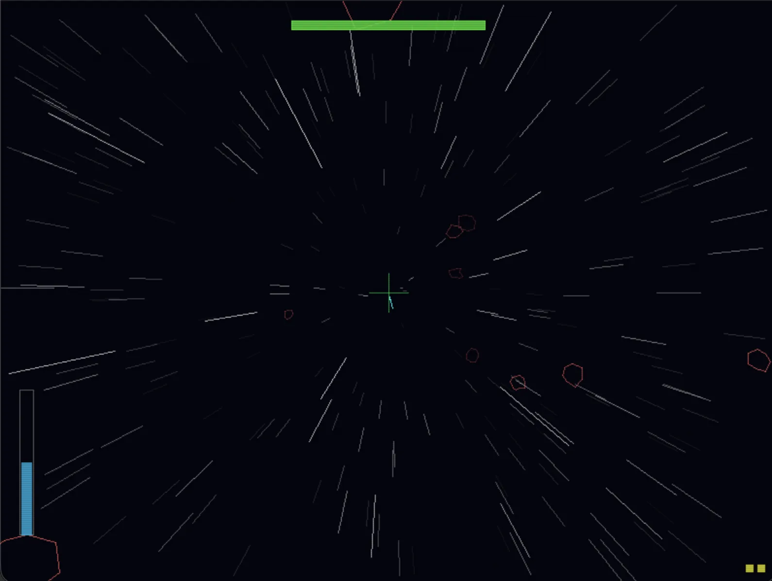 Starfield Ultimate en vol : champ d’étoiles filant vers le point de fuite, barre de jauge verte en haut de l’écran.