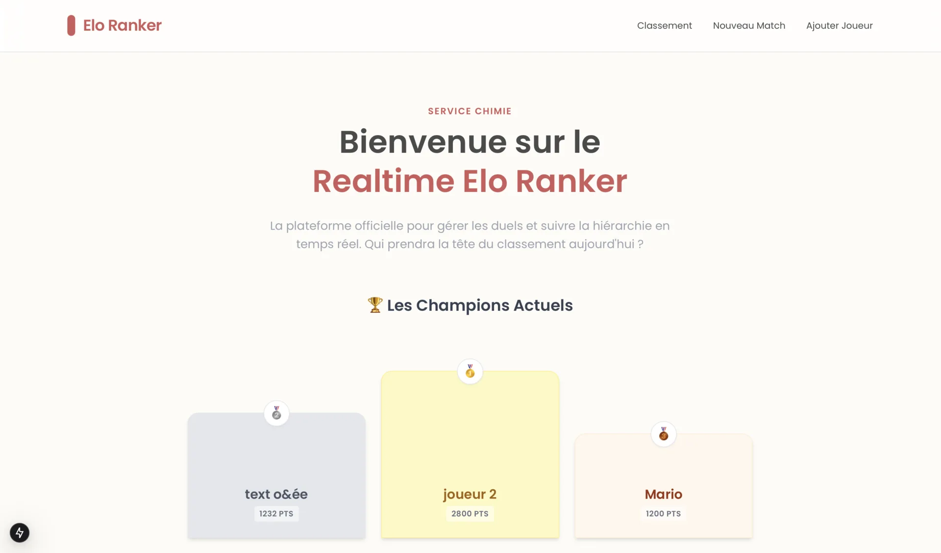 La page d’accueil d’Elo Ranker, avec le podium des trois champions actuels.