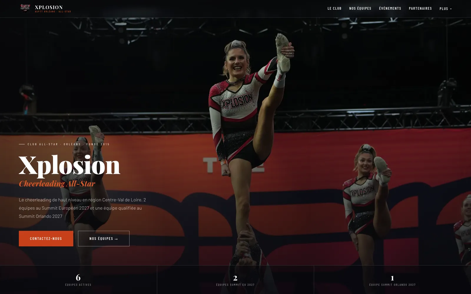 La page d’accueil du site Xplosion en ligne : titre du club, chiffres de la saison et appels à l’action.